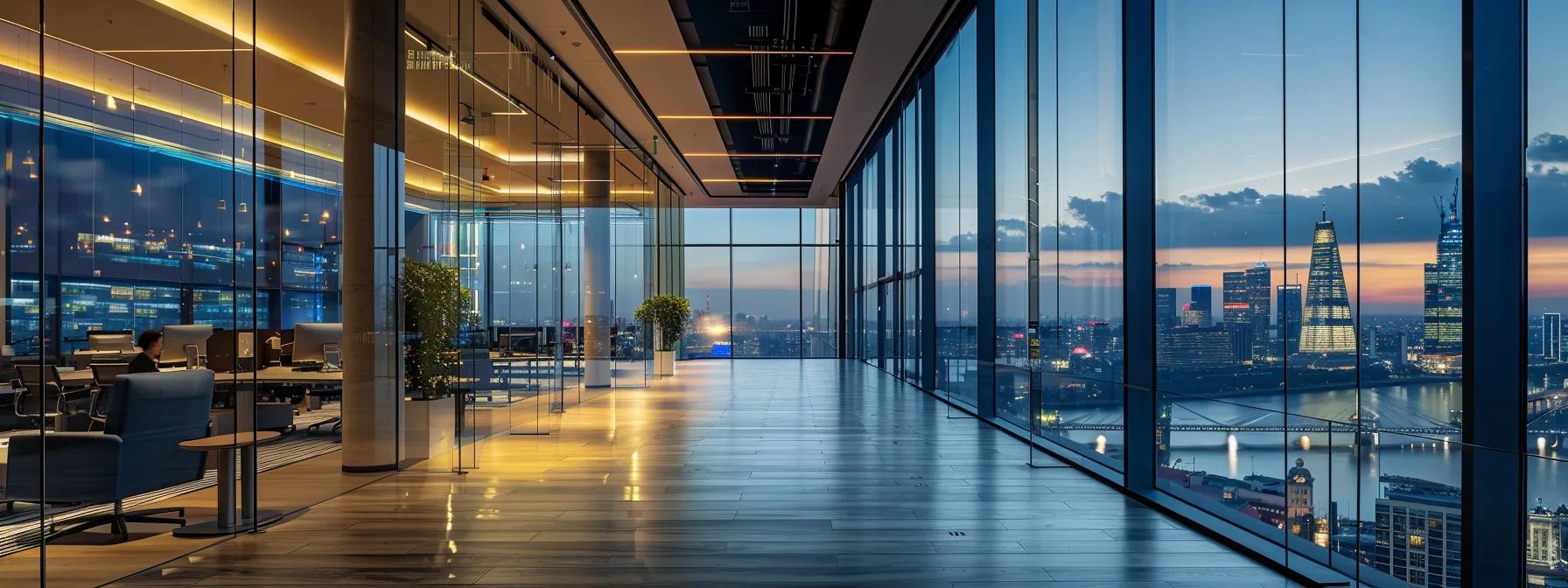 Premium commercial office corridor at dusk